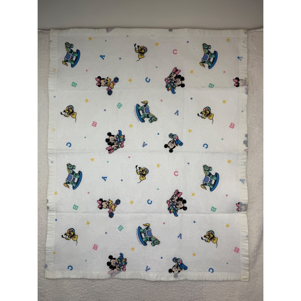 Vintage Dundee Disney Baby Blanket Mickey Minnie Pluto ABC Horse White 36x44